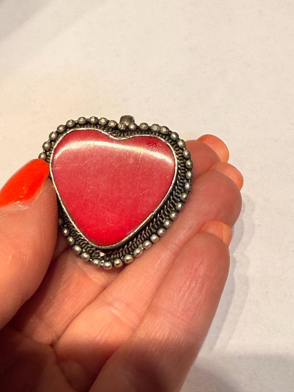 Pre Loved Silver Red Resin Heart Charm pendant with Beaded Edge